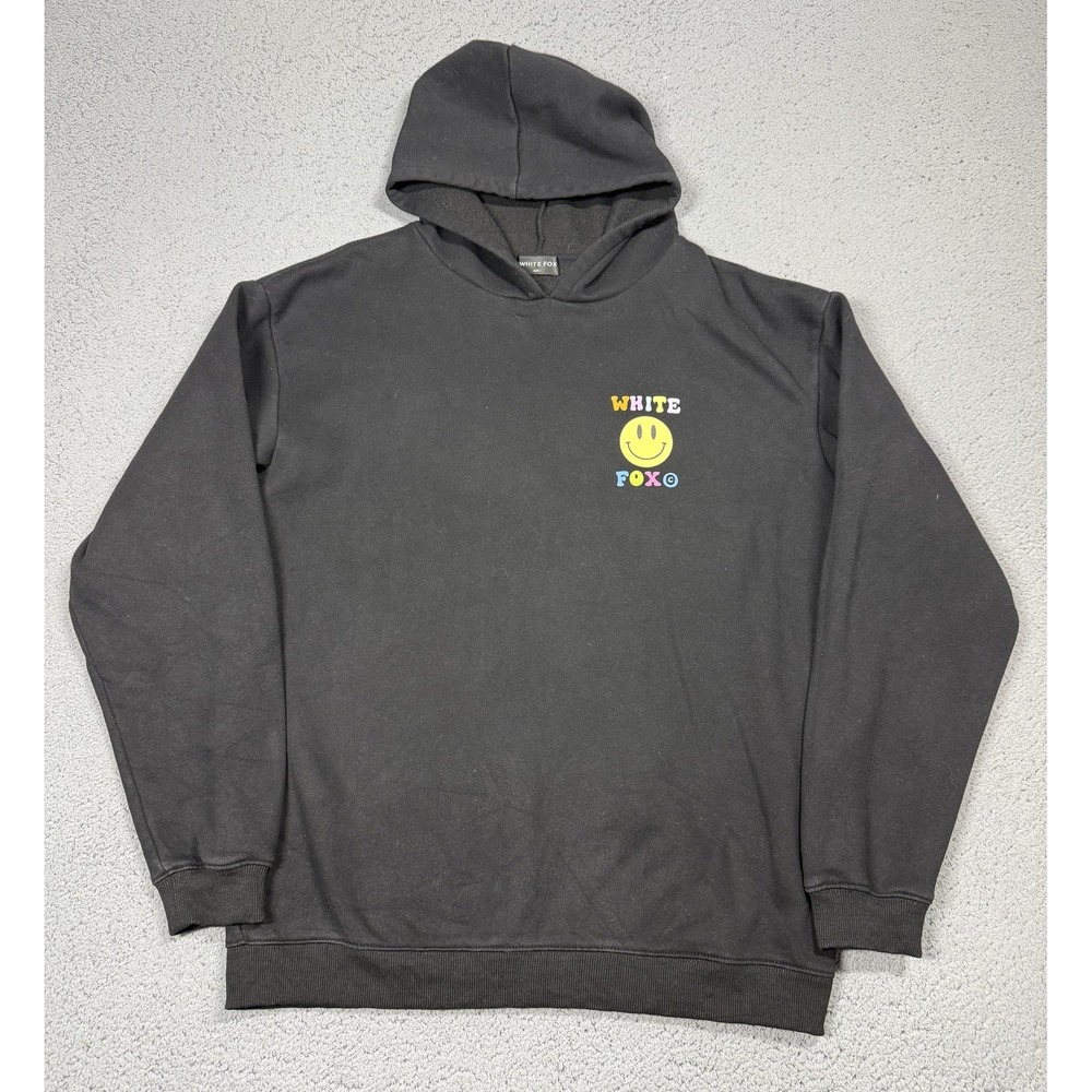 White Fox Hoodie Womens M/L Black Pullover Fleece Smiley Graphic Great Things